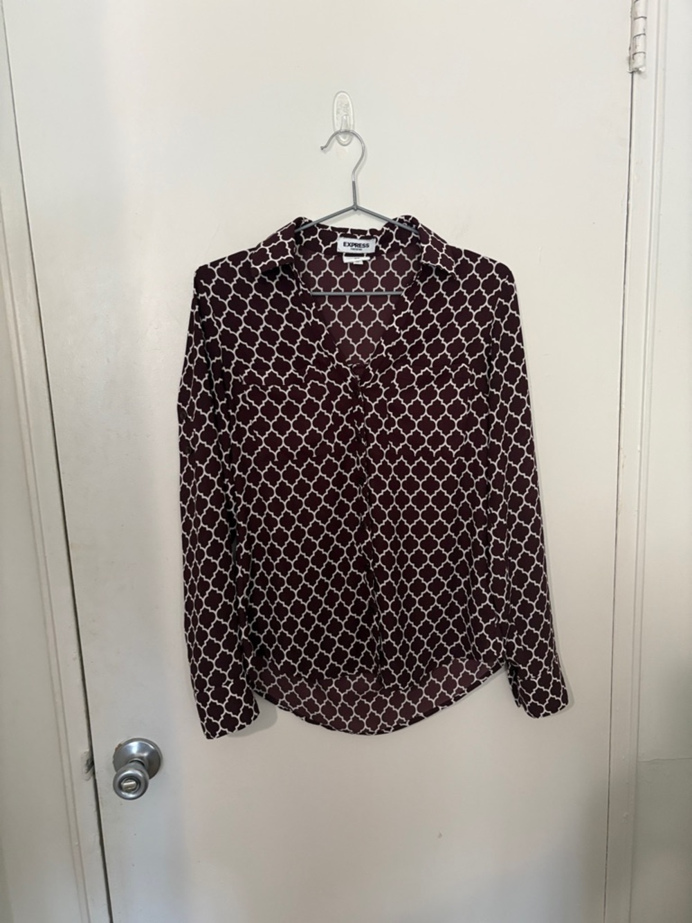 Express Maroon & White Lattice-Print Button-Down Sheer Blouse